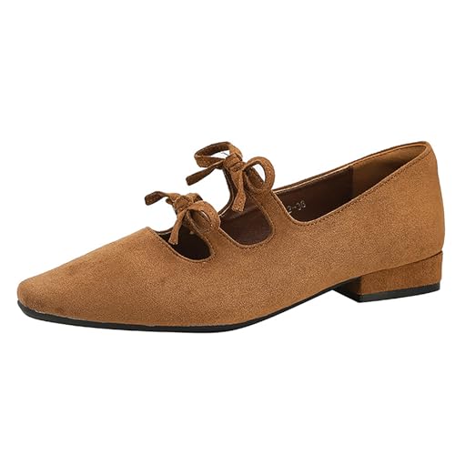 Women's Suede Double Strap Pointed Toe Mary Jane Flat Walking Shoes Fashion Bow Elastic Strap Comfortable Low Block Heel Dress Shoes for Office Work Party