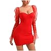 L'VOW Women's Sexy See-Through Mesh Sheer Puff Long Sleeve Club Dress Bodysuit Clubwear(Red,XX-Large)