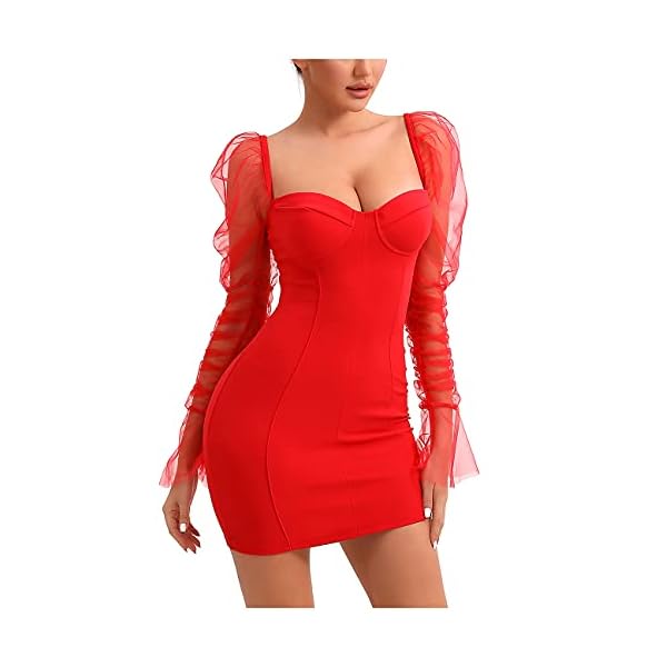 L'VOW Women's Sexy See-Through Mesh Sheer Puff Long Sleeve Club Dress Bodysuit Clubwear(Red,XX-Large)