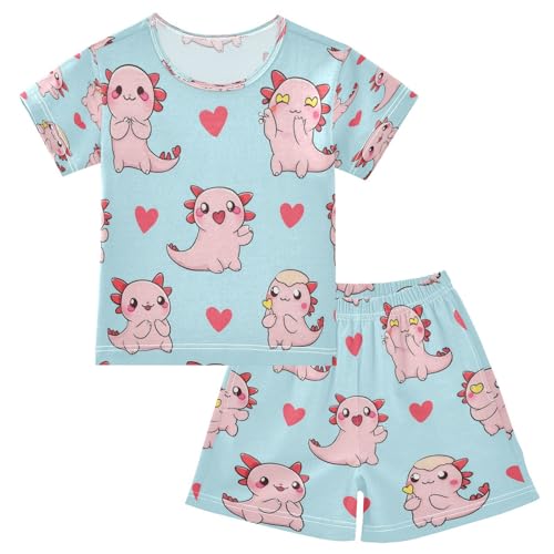 Pajama Sets Short Sleeve Cute Pink Dinosaur Pattern Soft Cotton Summer Sleepwear 2 Piece PJS Size 5-14T