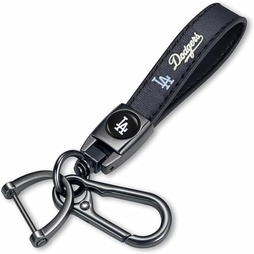 UNIMAT Genuine Leather Car Key Chain for Los Angeles Dodgers Baseball Fans Key ring Accessories Keychain Family Present for Man and Woman Black