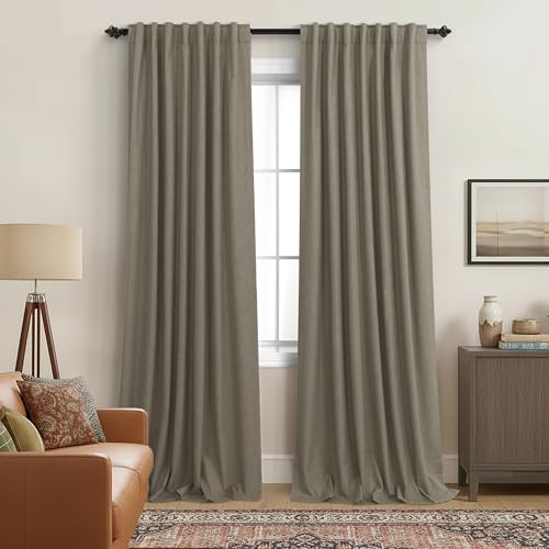 Image of Taupe Brown Linen Blackout Curtains for Bedroom, 84 Inch Long Black Out Vintage Farmhouse Curtain for Living Room, Boho Thick Thermal Insulated Curtains for Summer Drapes 84 Length 2 Panels Set