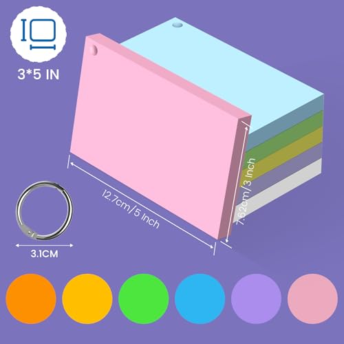 300 PCS Index Cards 3x5 in Blank Flashcards, 3x5 Cue Cards, Flash Cards with 6 Metal Binder Ring, Colored Paper Record, Study, Recipe Revision Flashcards for Taking Notes, Reminder image 3