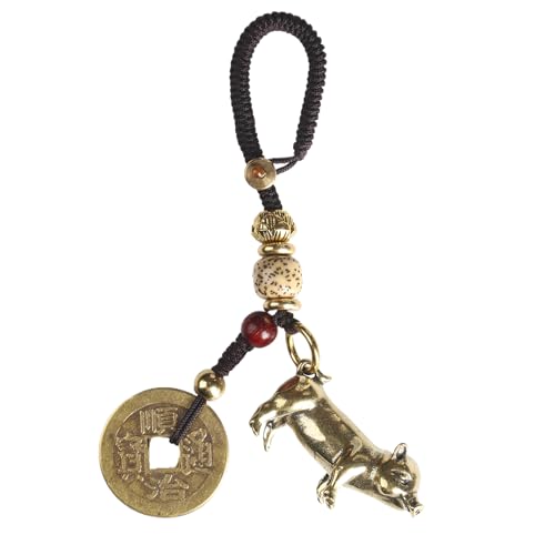 Mansiyuyee Pig Chinese Zodiac Keychain, Solid Brass Animal Sign with Five Emperor Coins, Feng Shui Lucky Charm Protection Keyring for Fortune Harmony