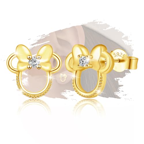 Mouse Bow Earrings 18K Gold Plated Sterling Silver Lovely Animal Stud Earrings for Women Hypoallergenic Cubic Zirconia Cute Small Earring Gifts for Sister