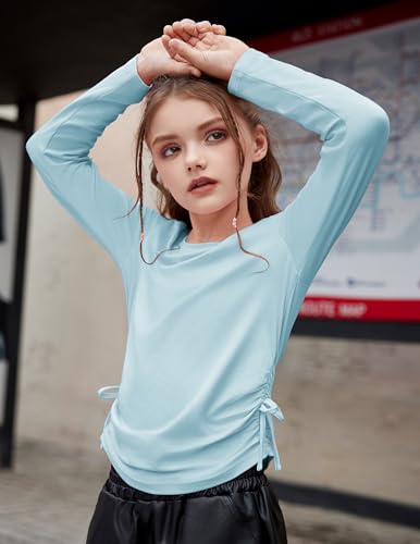 Image of Arshiner Girls Long Sleeve Shirts Ruched Knot Side Tunic Blouse Tee Tops
