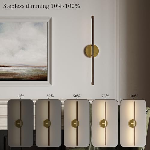Image of 24 Inch Battery Operated Wall Sconce Set of 2-8000mAh, Rechargeable, Dimmable, 3000K-6000K, Remote, Touch Control, Timer, 350 Rotate, LED Wall Lamps for Living Room, Bedroom, Walnut Gold