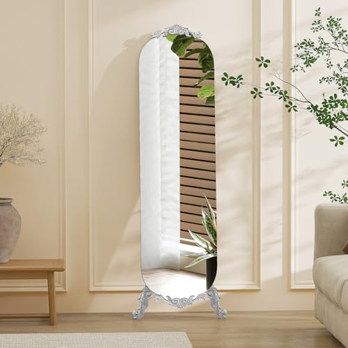 Image of Vintage Full Length Mirror, 62 inchX20 inch Arched Floor Mirror, Baroque Full Body Mirrors with Art Carved, Standing Mirrors for Bedroom, Living Room, Entryway,Silver