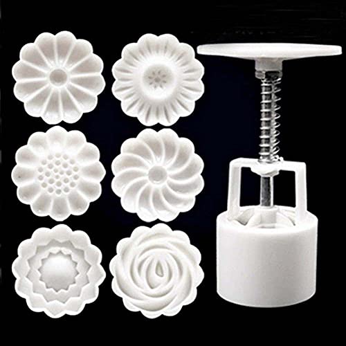 GUODUN Mondkuchenform Backwerkzeug Gebäckform,Traditionelles Fest Werkzeuge zum Dekorieren von Kuchen Blumenform 1 Fass 6 Stempelset Fondantform Cover