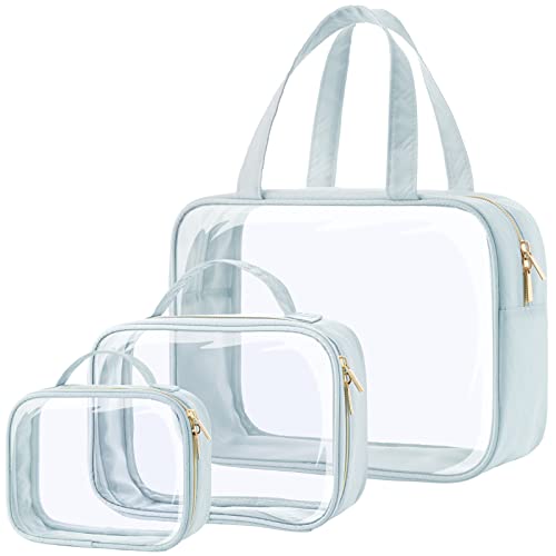 Packism Clear Toiletry Bags, 3 Pack Clear Makeup Bags With Handle Large Opening, Waterproof Clear Cosmetic Bags Fit Carry-On Travel Essentials, Travel Accessories Clear Travel Bags, Grayish Blue #TOP11