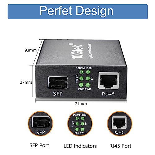 Image of 2 Pack Gigabit SFP to RJ45 Fiber Media Converter, Fiber to Ethernet Converter, 10 /100 /1000Mbps RJ45 Port to 1000Mbps Open SFP Port, up to 120km, Auto-Negotiation, Durable Metal Casing