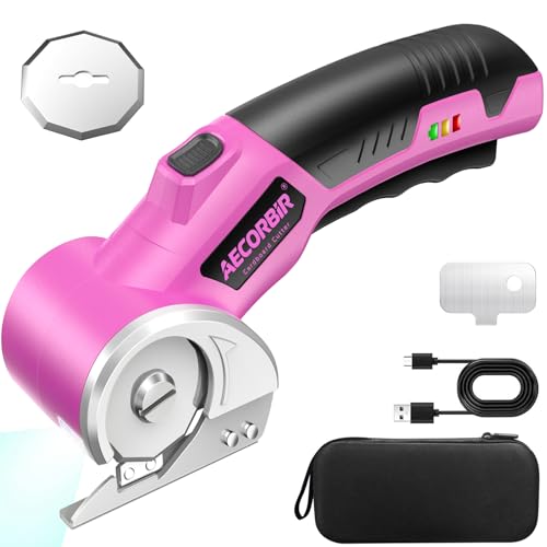 Cordless Electric Scissors: 4V Rechargeable Rotary Cardboard Cutter, 3000mAh Battery, with LED Light & Safety Lock, 2 Blades, Electric Box Cutter for Fabric Carpet Carton Plastic Leather Cloth (Pink)