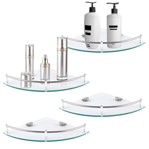 YAYODS 4 Estantes de Cristal Triangulares 23,5 x 23,5 cm   Estantería Esquinera de Pared de Cristal   Estante de Pared para Baño de 6 mm de Vidrio Templado