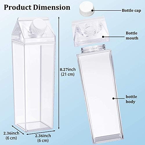 MiawPay Milk Carton Water Bottle 17oz (500mL) Plastic Clear Square Milk Bottles No BPA Leakproof Water Bottle Portable Reusable Milk Carton Shaped Juice Bottle Perfect for Fitness Gym Camping Sports