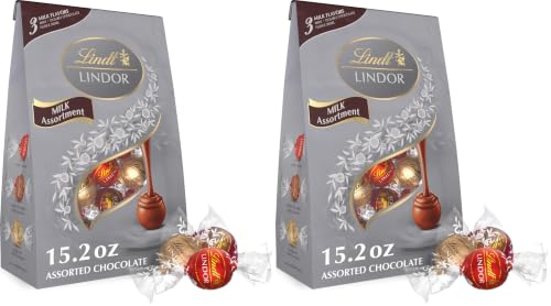 Lindt LINDOR Milk Assorted Chocolate Candy Truffles, Chocolate Candy with Smooth, Melting Truffle Center, 15.2 oz. Bag (Pack of 2)
