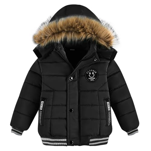 linboo Doudoune Garçon Manteau Hiver Blouson à Capuche Fourrure Chaud Veste Doublure Polaire, Noir, 5-6 ans(Taille du fabricant: 130)