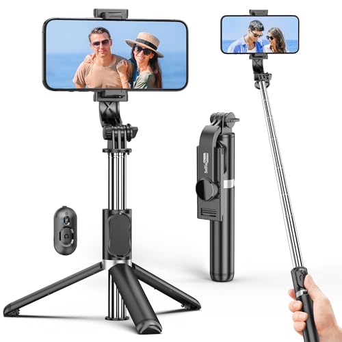 Image of Selfie Stick Tripod, All in One Extendable & Portable iPhone Tripod Selfie Stick with Wireless Remote Compatible with iPhone 16 15 14 13 12 11 pro Xs Max 8 7, Galaxy Note10 /S20 /S10 /OnePlus 9 /9 PRO etc