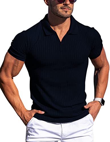 Gnvviwl Polos de algodón con Cuello de Pico para marcar músculos para Hombre, Ajustado, de Manga Corta y Larga, Camisetas de Golf, Punto Acanalado, Camisetas Suaves, Azul Marino, X-Large