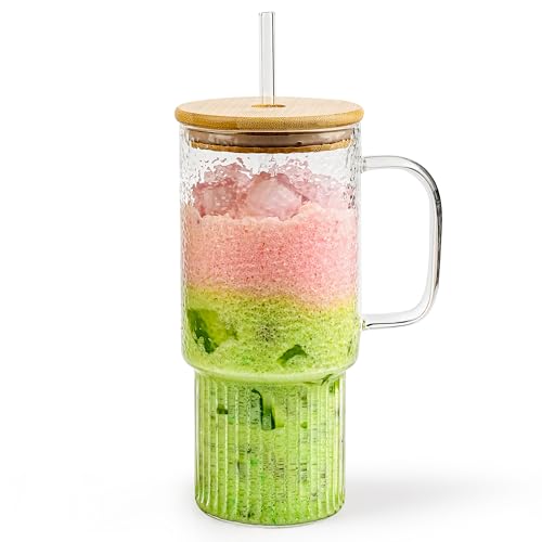 Oroklis 32oz Ribbed Glass Cup with Handle Lid and Straw, Borosilicate Glass Tumblers, Iced Coffee Cups Modern Glass Mug Hot/Cold Drinks for Smoothies, Tea, and Juice (clear-1 Pack-Bamboo Lid)
