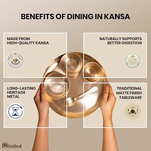 Image of Pure Kansa Family Dinner Set of 30 Pieces | Bronze Thali Set 12 Inch Plate, 2 Bowls, 1 Glass, 1 Spoon | Handcrafted Ayurvedic Kansa Utensils | Matte Finish | Gift for Diwali Wedding Housewarming