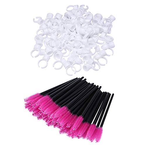 100 Rings Glue Cup Holder and 100 Eyelash Brushes Applicators for Eye Lash Extension Mascara Wands Disposable