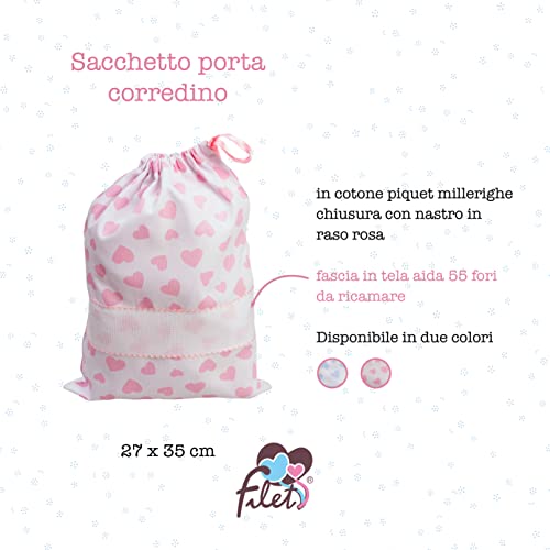 Filet - Babytragetasche mit Kordelzugverschluss zum Besticken, aus bedruckter Piqué-Baumwolle, 100% Made in Italy, Fantasie Rosa Herzen