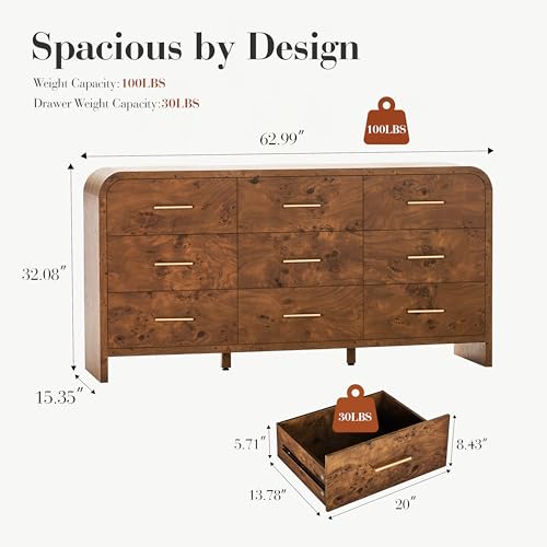 Image of Curved 9-Drawer Dresser for Bedroom, 63 inch Wide Modern Chest of Drawers, Vanity Desk TV Stand for Living Room, Closet Storage Drawers Organizer Furniture, Nursery, Hallway, Dark Burl