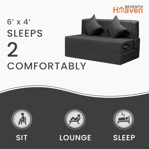 Image of Seventh Heaven Rejioce 2 Seater 4 * 6 Jute Fabric Washable Cover Sofa Cum Bed with 2 Cushions 2 Seater Double Foam Fold Out Sofa Cum Bed (Finish Color - Dark Grey Delivery Condition - Pre-Assembled)