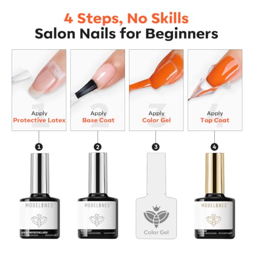Image of modelones Gel Base Top Coat Set with Liquid Protective Latex for Nails | Suitable for beginners Peel Off Barrier & High Shine Clear Gel Nail Polish Long Lasting Soak Off U V Cure Manicure Kit