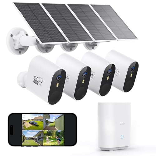 aosu 3K Camera Surveillance WiFi Exterieure sans Fil Solaire, 5MP Solar Caméra Security Exterieur sur Batteries avec aosuBase, 4 Solarcam, Détection...