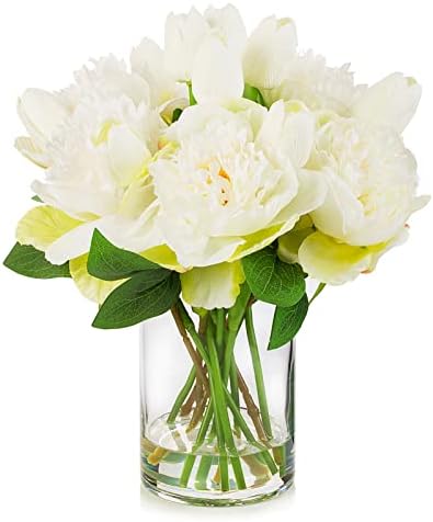 ENOVA FLORAL Artificial Flower Arrangement with Vase, Faux Flower in Vase, Mixed Artificial Real Touch Tulip and Fake Silk Peony Flower in Vase for Decoration Home Office, Wedding Centerpiece (Cream)