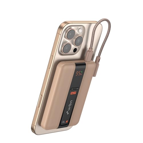 Image of URBN One Premium MagSafe Power Bank 5000mAh | 15W Fast Magnetic Wireless Charging | Built-in Detachable Type C Cable | Dual Port with Pass Through Charging (Mocha)