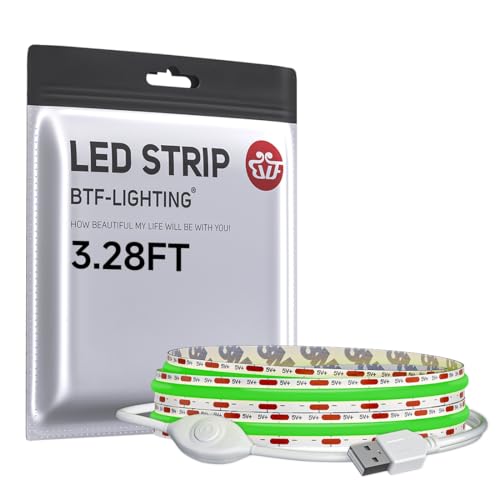 Image of BTF-LIGHTING FCOB COB LED Strip Lights 5V USB Powered Green Color for TV