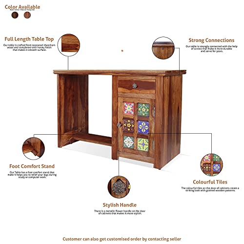 Image of Sheesham Wood Reading Writing Study Table with 1 Drawer & 1 Shleve for Study Room Hall Home | Wooden Computer Laptop Work Station Desk for Library Office Desk Natural Honey Finish