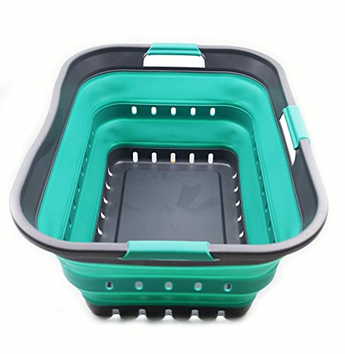 Image of SAMMART 42L (11 gallon) Collapsible Plastic Laundry Basket - Foldable Pop Up Storage Container /Organizer - Portable Basket - Space Saving Hamper /Basket (2, Grey /Turquoise Blue)