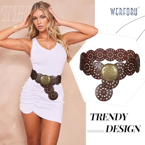 WERFORU Women Vintage Leather Belt Western Disc Waist Belts Ladies Western Belt Boho Belt for Dress Jean-2