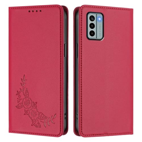 Coque Nokia G22 rouge anti-choc style portefeuille à rabat fleurs