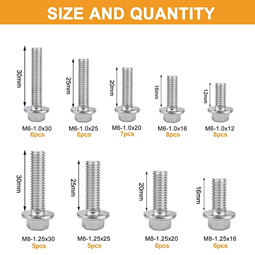 Image of VIGURE 228PCS M6 M8 Metric Bolt Assortment Kit, M6 x 12 /16 /20 /25 /30mm Stainless Steel Flanged Hex Bolts and M8 x 16 /20 /25 /30mm Flange Metric Bolts and Nuts Kit