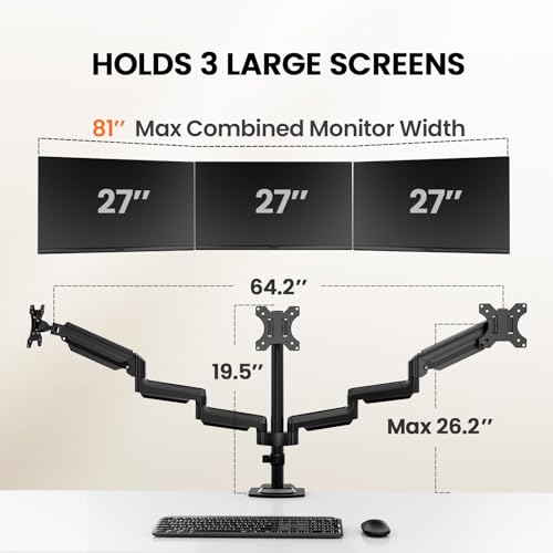 Image of ErGear Triple Monitor Mount for 13-27 inch Screens, Premium Aluminum Triple Monitors Stand up to 17.6 lbs, Sturdy 3 Monitor Desk Mount with Swivel, Tilt, Rotation, Max VESA 100x100mm