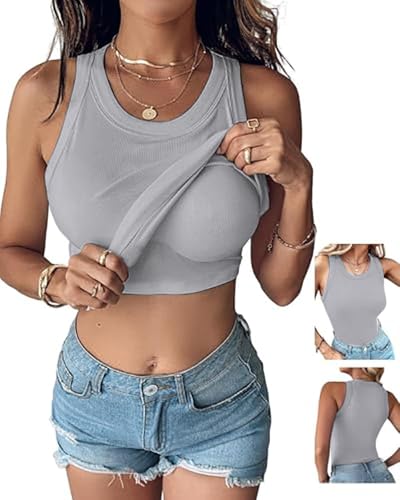 CHICME Tank Tops with Built in Bras Athletic Tank Tops for Women Ribbed Tank Top Running Tops Gray-M