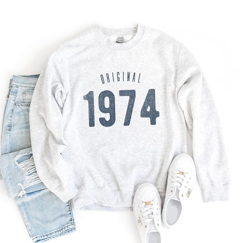Original 1974 Sweatshirt, 50th Birthday Gift, Birthday Gifts For Women, 1974 Birth Year, 50 Years Distressed Number Shirt, Unisex Birthday Crewneck Sweatshirt Ash Grey4