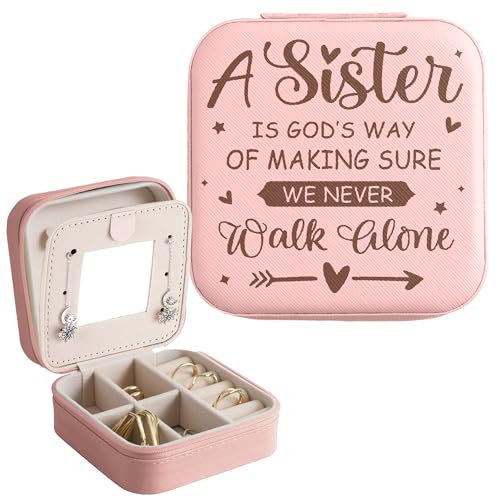 Unibyby Mothers Day Gifts for Sister, Sister Gifts from Sister, Small Travel Jewelry Case for Women, Sister Pink Portable Leather Travel Jewelry Box Organizer with Mirror Gifts for Birthday Christmas