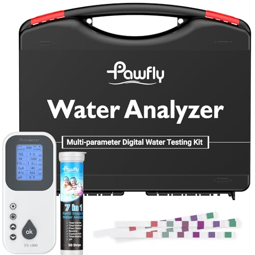 Pawfly 7 in 1 Digital Water Testing Kit, 50 Strips Hot Tub Test Kit, Digital Pool Water Tester for pH, Total Hardness, Total Chlorine, Free Chlorine, Total Alkalinity, Cyanuric Acid & Bromine
