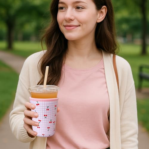 Image of Reusable Insulated Neoprene Iced Coffee Cup Sleeve, Durable Drink Sleeve for Cold Beverages, Beverage Holder for Iced Coffee, Pink Cherry