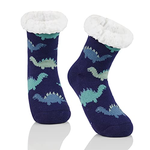 Durio Kindersocken für Jungen und Mädchen Tiersocken Flauschige Thermosocken Bodensocken Kuschelsocken Blau-Dinosaurier 6-10 Jahre