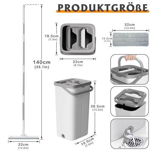 Midyb Wischmopp Set mit Eimer - Bodenwischer Set mit 10 Mikrofaser Mop Pads und 140cm Edelstahlgriff...