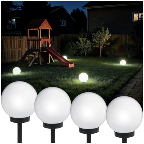 Green Blue GB121 Lot de 4 lampes solaires d'extérieur - Boule lumineuse LED - Éclairage de jardin - Blanc - 15 cm
