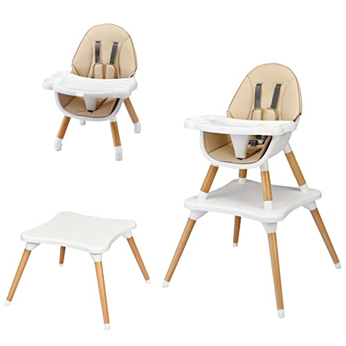 Image of INFANS 5 in 1 Baby High Chair with 5 Point Harness, Detachable Tray, Wipeable Cushion, Converts to Table and Seat Set, Toddler Chair, Booster Seat, Wooden Dining Chair for Infant Kid (Khaki)