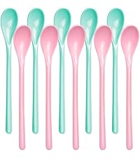 Mispudin 10 Stuks Lepels met Lange Handgreep, Lange Lepel Kunststof Herbruikbaar, Koffielepel Lang, Veelzijdige Eierlepel, Lange Dessertlepels Plastic, Roze en blauw, Vaatwasser Veilig