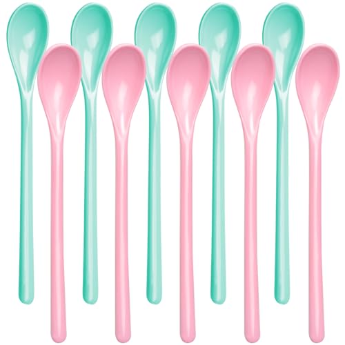Mispudin 10 Cucharas Plastico Duro Reutilizables, 18,5cm Cucharas de Postre Rosa y Azul, Cucharillas Postre Bonitas, Cucharas de Huevo, Cucharillas Cafe Largas, Cuchara Larga para Latte, Té, Yogur